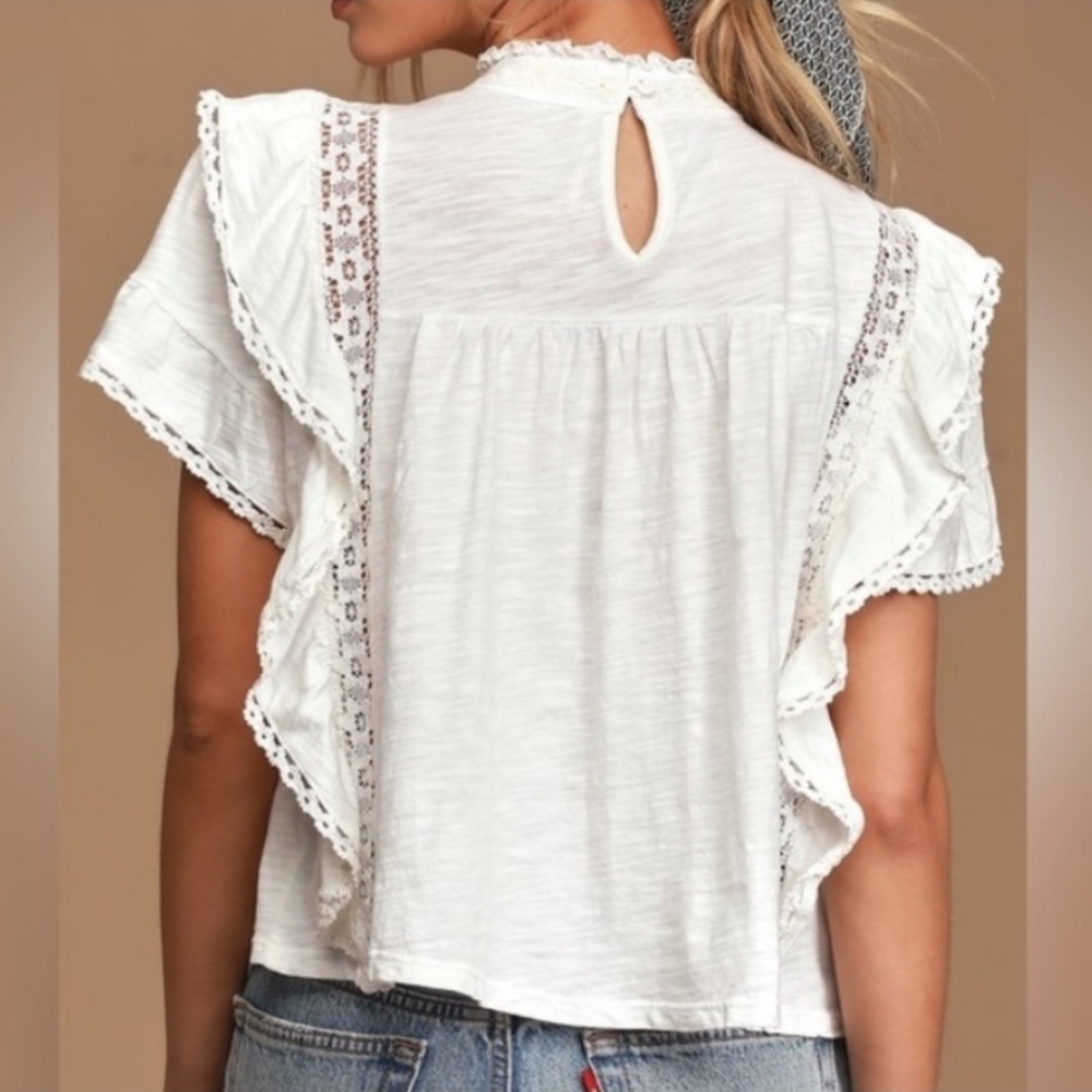 Free People White Lace-Trim Flutter Sleeve Blouse - Picture 3 of 16
